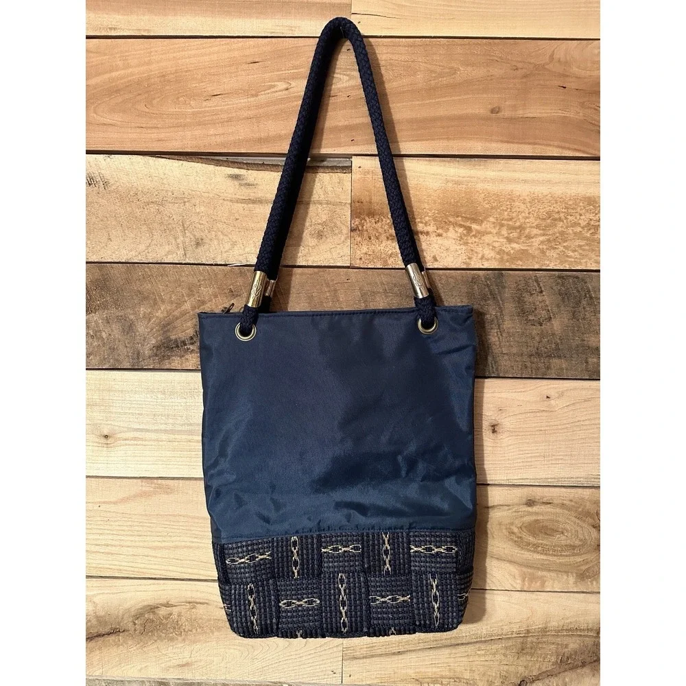 Vintage Italia Capri Navy Blue Nylon Women's Tote Handbag Embroidered Nautical